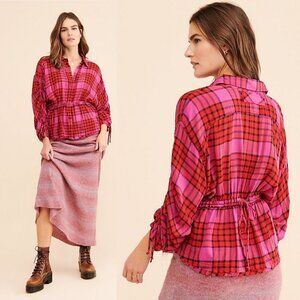 NWT Free People Pacific Dawn Plaid Shirt Drawstring Size Small Pink Red Bohemian